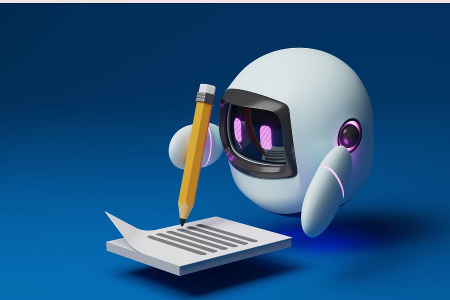 robot with pencil writing. Should AI Write Your Book